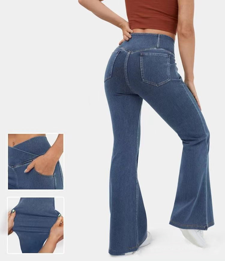 High Waisted Crossover Pocket Flare Jeans