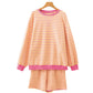 Yellow Stripe Color Block Trim Round Neck Long Sleeve Top Casual Shorts 2pcs Set