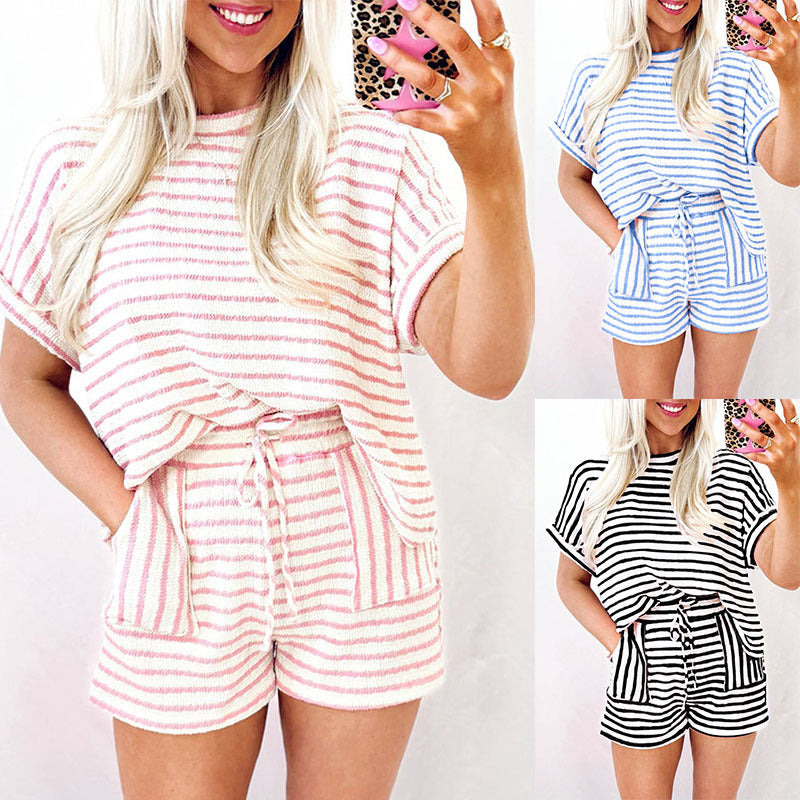 Stripe Knitted Short Sleeve Top and Drawstring Shorts Set