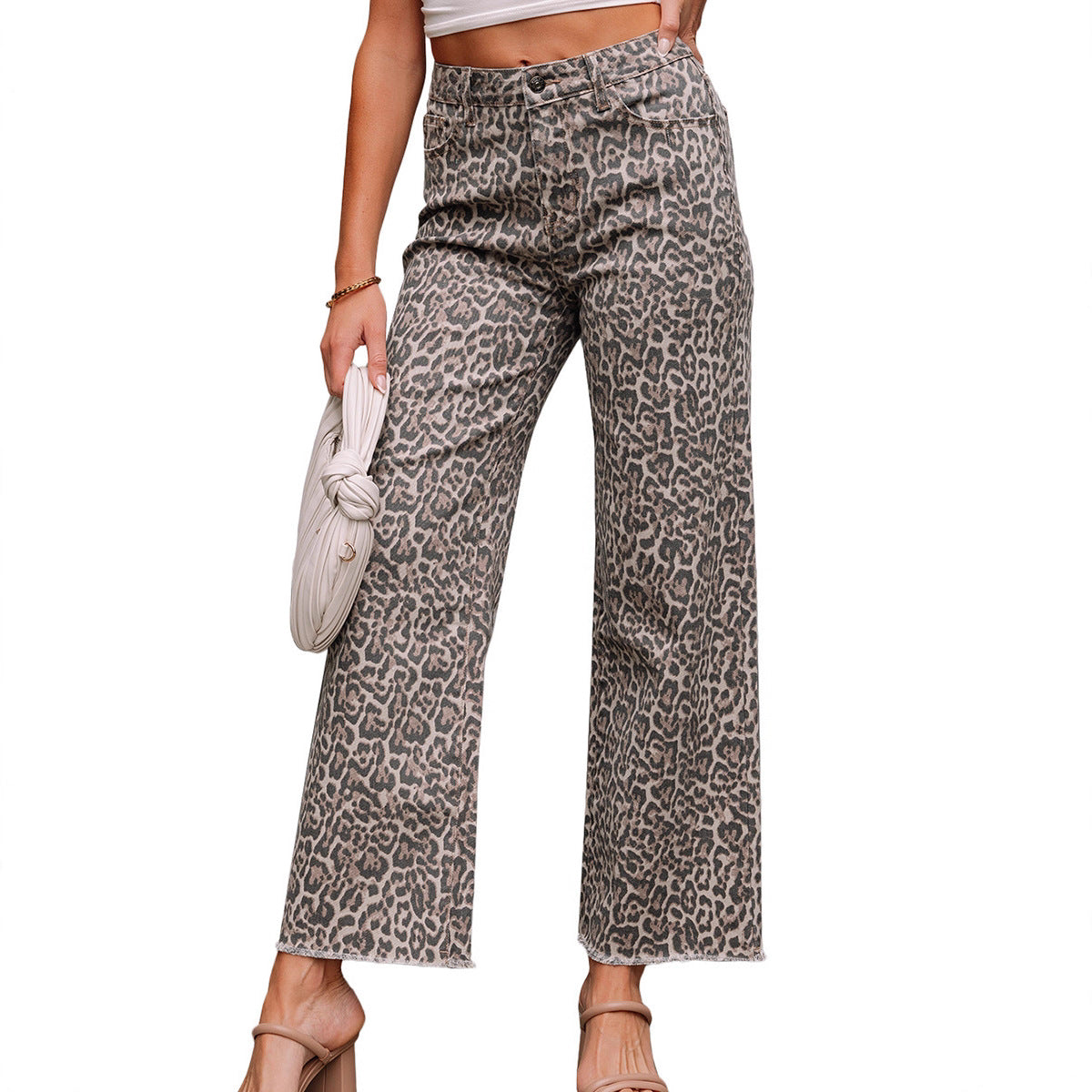 Brown Leopard Frayed Edge Wide Leg High Waist Jeans