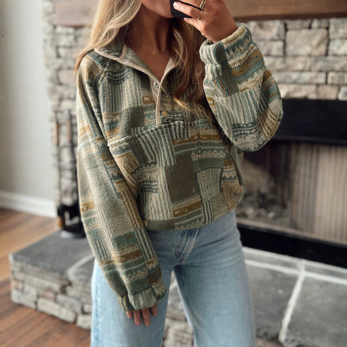 Green Western Print Fleece Pullover Long Sleeve Casual Fit Sweatshirt