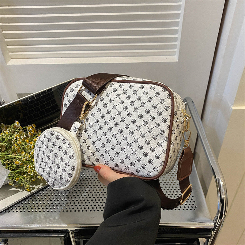 Coffee Checkered Print PU Leather Shoulder Bag with Coin Wallet