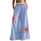 Block Flower Patchwork Drawstring Contrasted Elastic Waist Wide Leg Pants