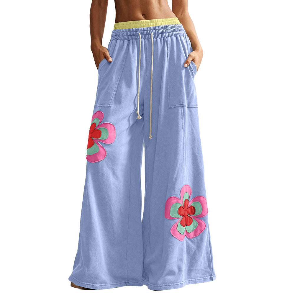 Block Flower Patchwork Drawstring Contrasted Elastic Waist Wide Leg Pants
