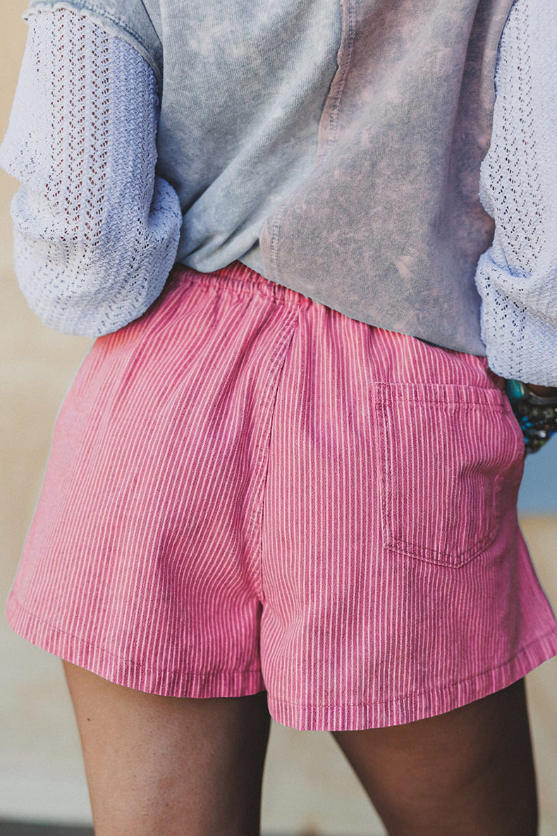 Stripe Drawstring Elastic Waist Casual Denim Shorts