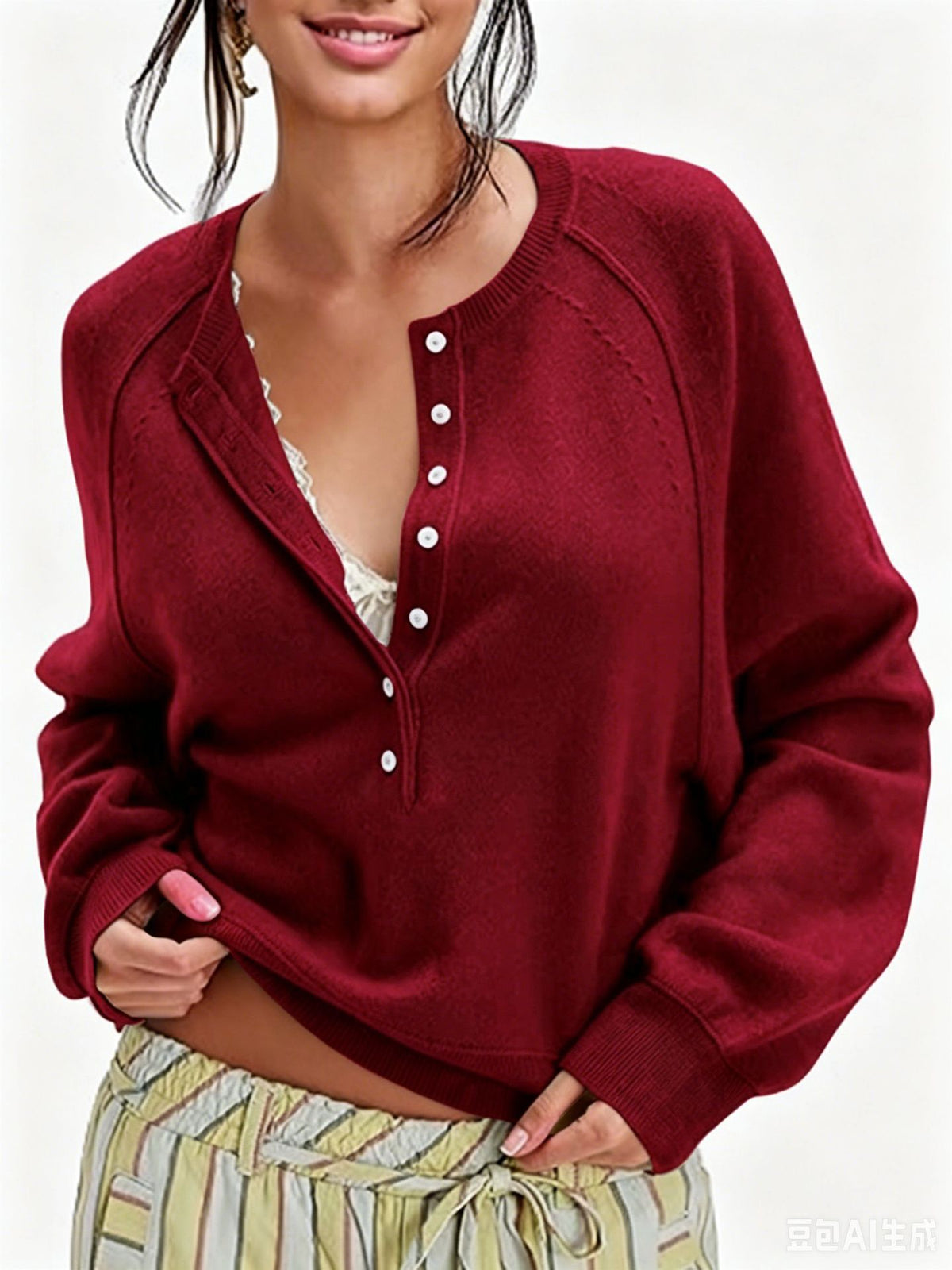 Crew Neck Button Front Knit Pullover