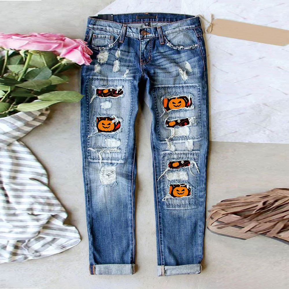 Printed Ripped Jeans