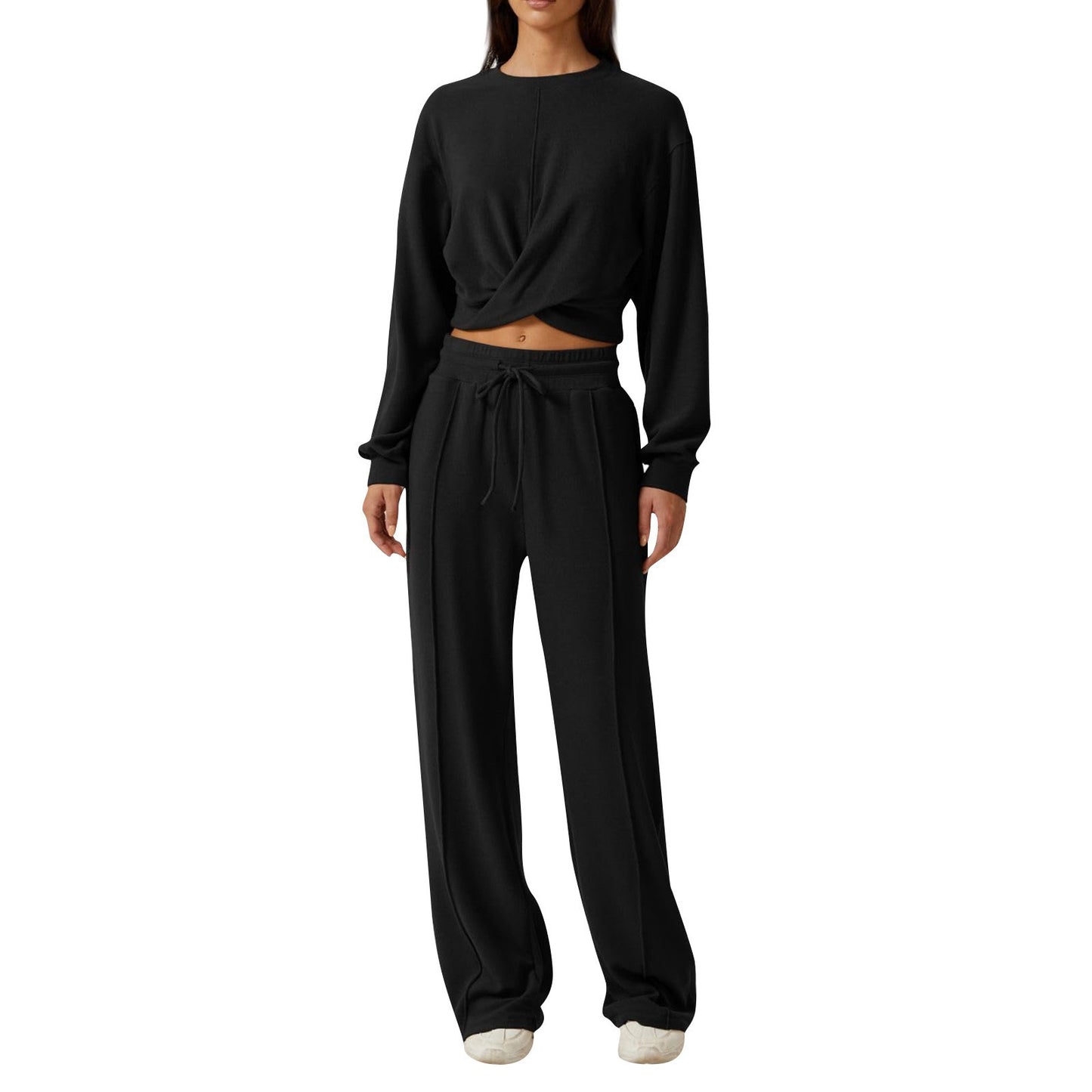Women's Round Neck Long-sleeved Top and Wide-leg Pants Suit