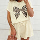 Contrast Leopard Bow Patched V Neck Loose Tee Drawstring Shorts 2pcs Outfit