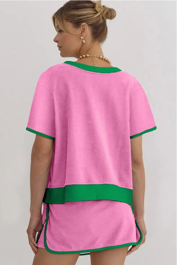 2Pcs Set Colorblock Edge Drop Shoulder T Shirt and Skirt