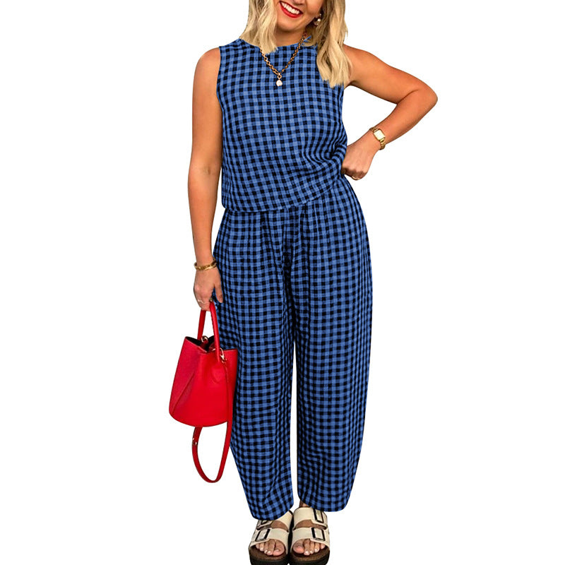 Women's Printed Plaid Sleeveless Vest and Trousers Suit