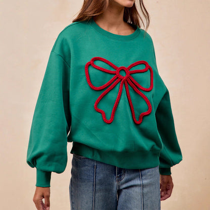 Crew Neck Bow Tie Embroidered Sweatshirt