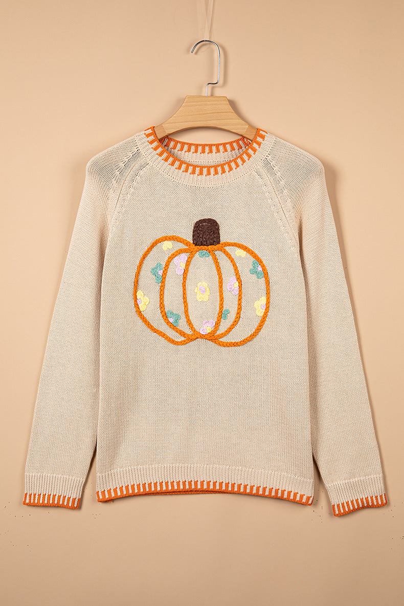 Parchment Floral Embroidery Pumpkin Long Sleeve Round Neck Sweater
