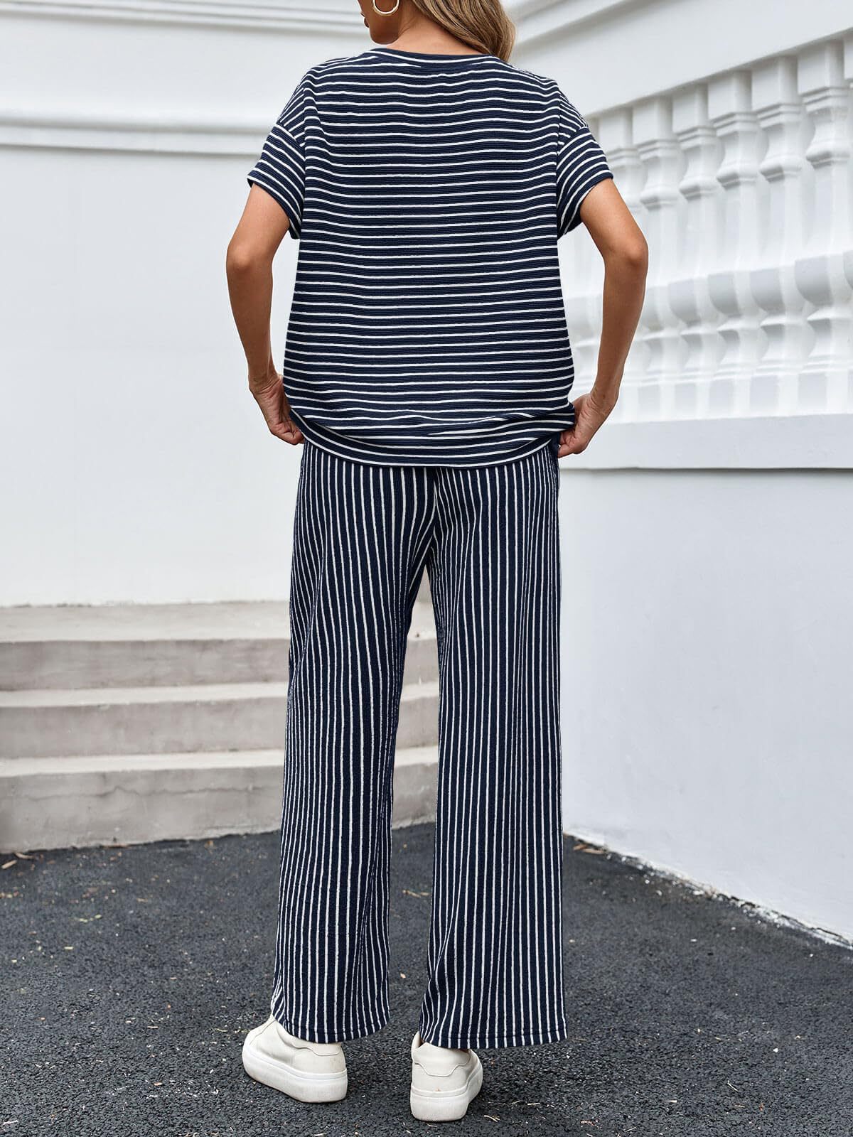 Stripe Round Neck Tee and Pant Set