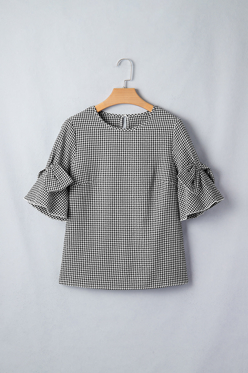 Black Plaid Bow Ruffled Half Sleeve Round Neck Blouse