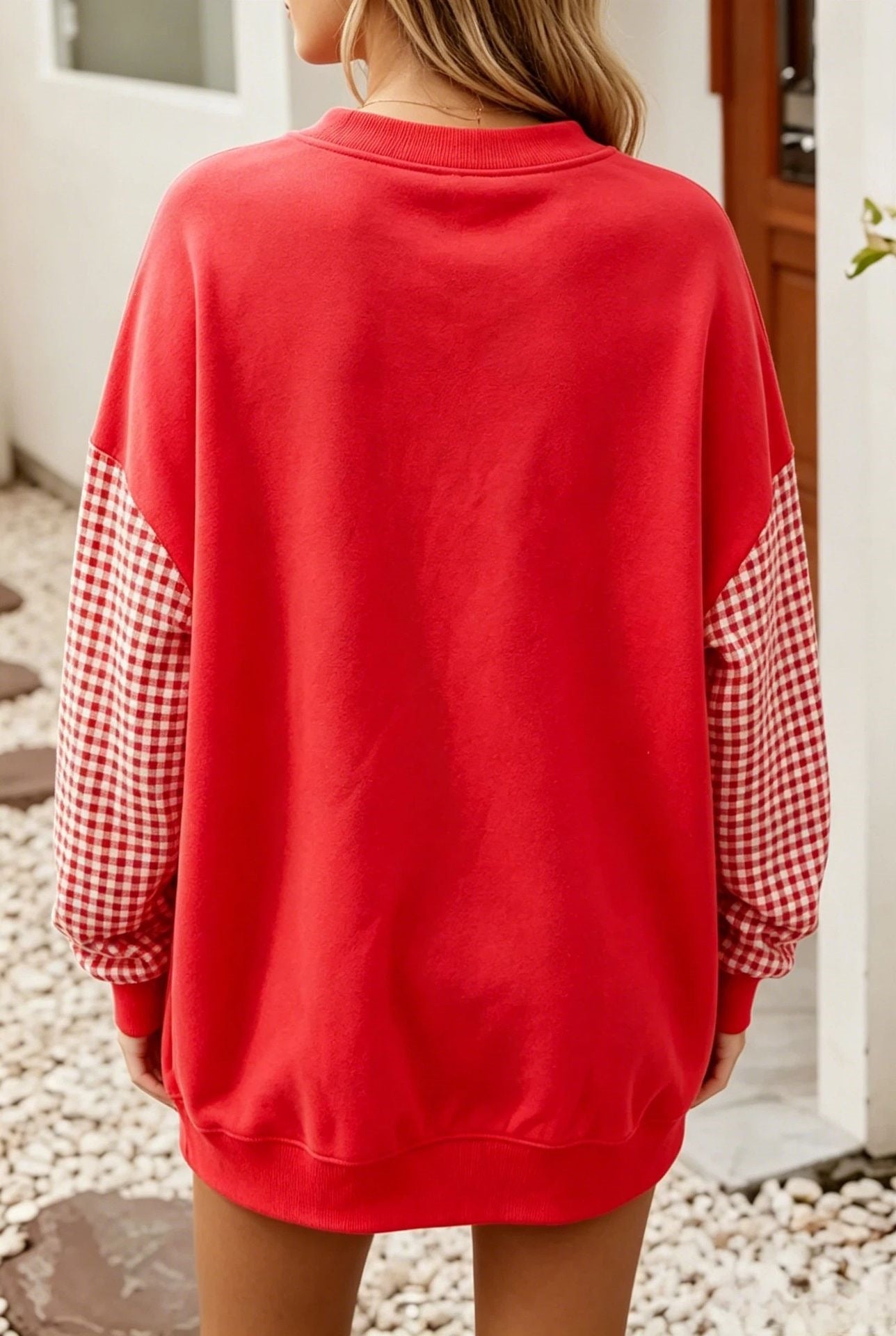 Oversized Gingham Colorblock Long Sleeve Sweatshirt