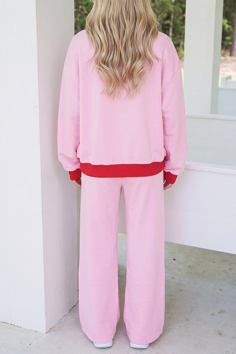 Block Trim Long Sleeve Pullover Drawstring Shift Pants Set