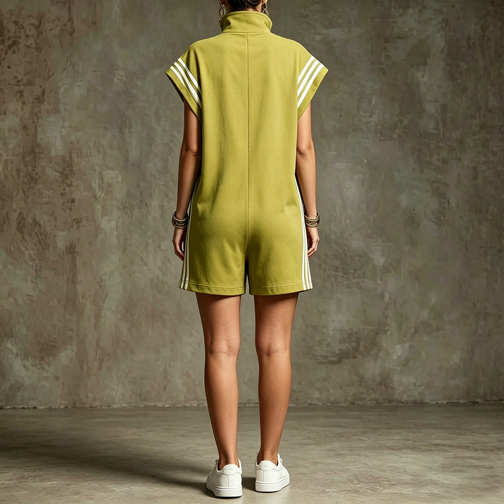 Loose Sleeveless Drawstring Pockets Split-Joint Striped Zipper Stand Collar Rompers