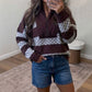 Stripe Patchwork Polka Dot Accent Quarter Zip Long Sleeve Top