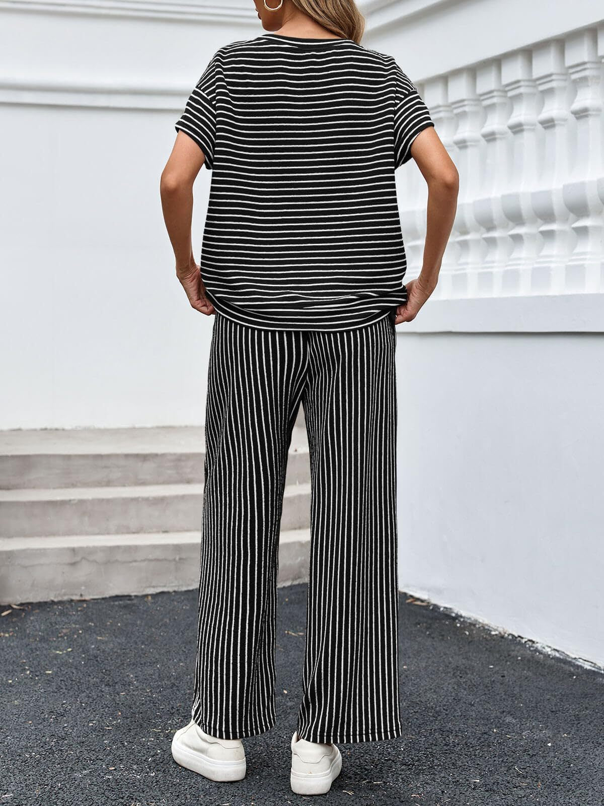 Stripe Round Neck Tee and Pant Set