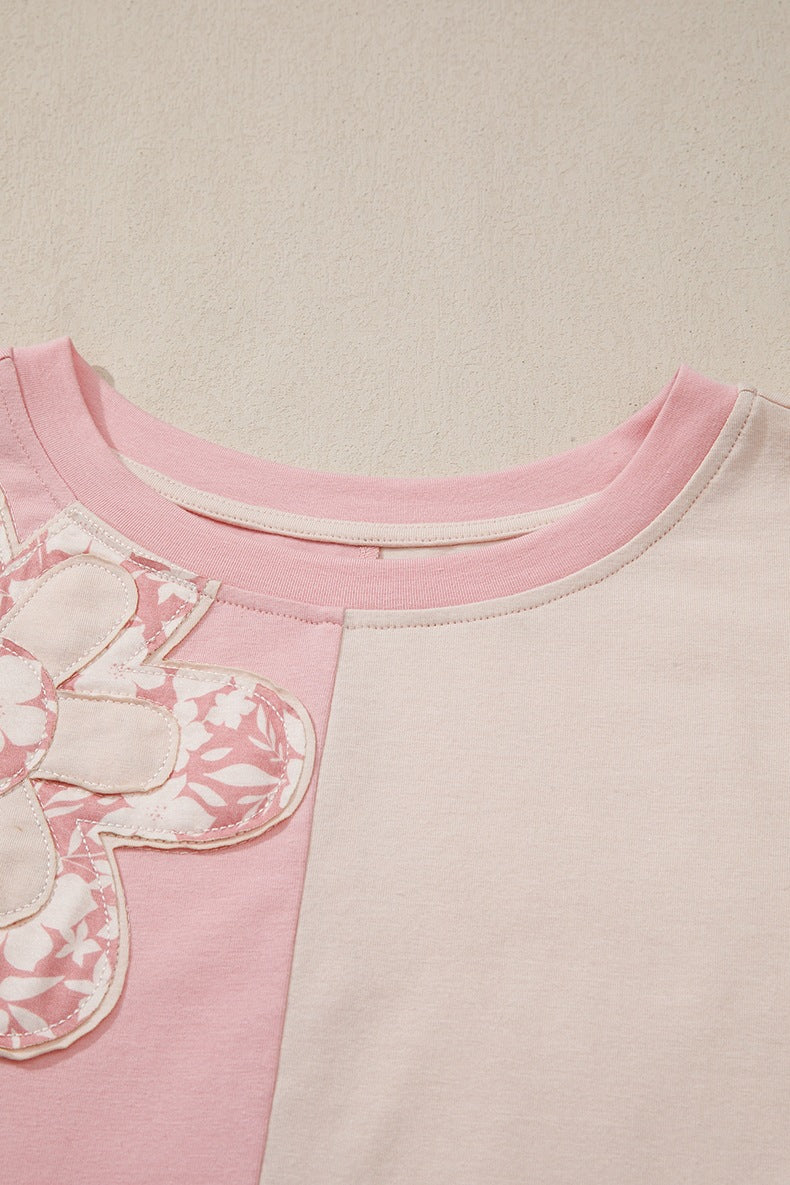 Apricot Color Block Flower Patched Loose T Shirt