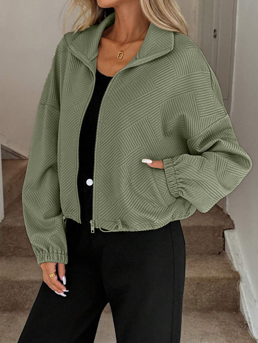 Chic Geometric Textured Zip Up Jacket