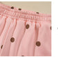 Pink Polka Dot Ribbed Trim Long Sleeve Top Casual Short Set