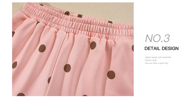 Pink Polka Dot Ribbed Trim Long Sleeve Top Casual Short Set