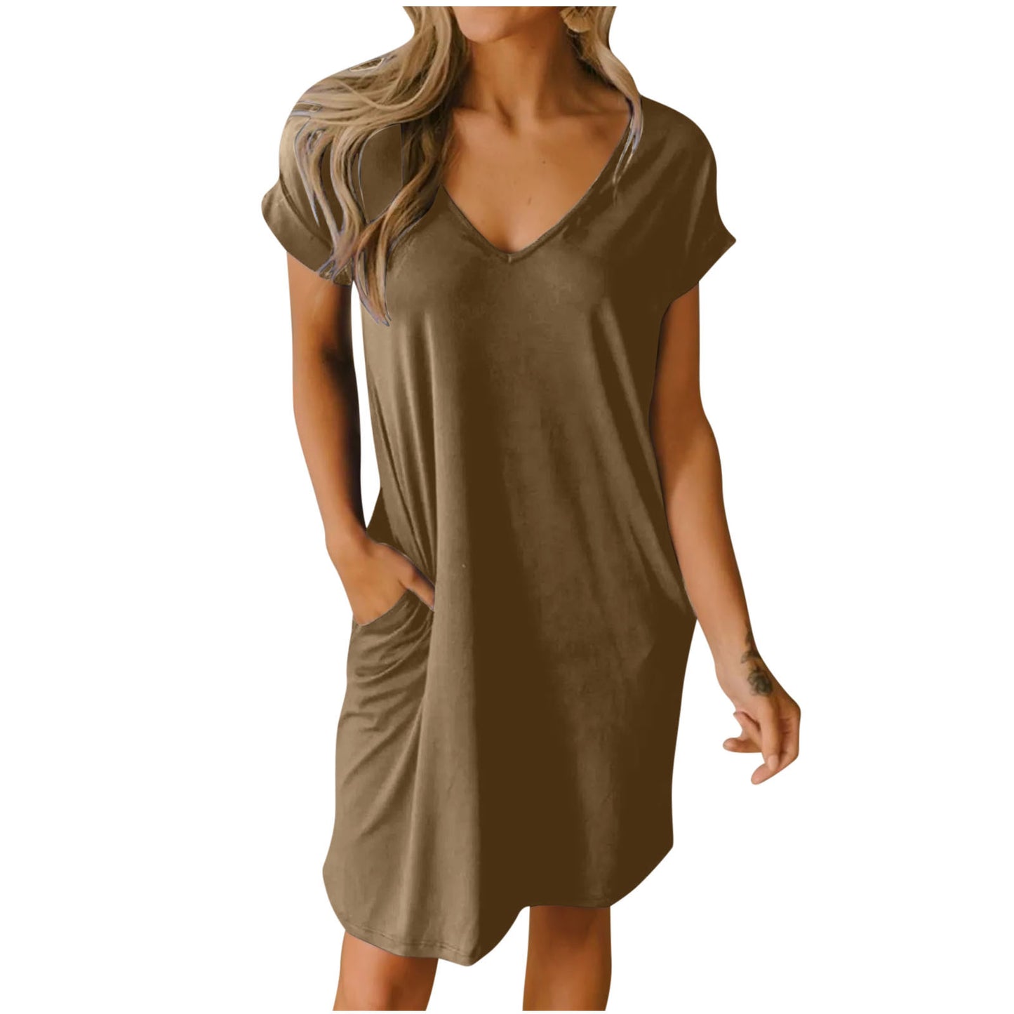 V-neck Short Sleeve Pocket Dress