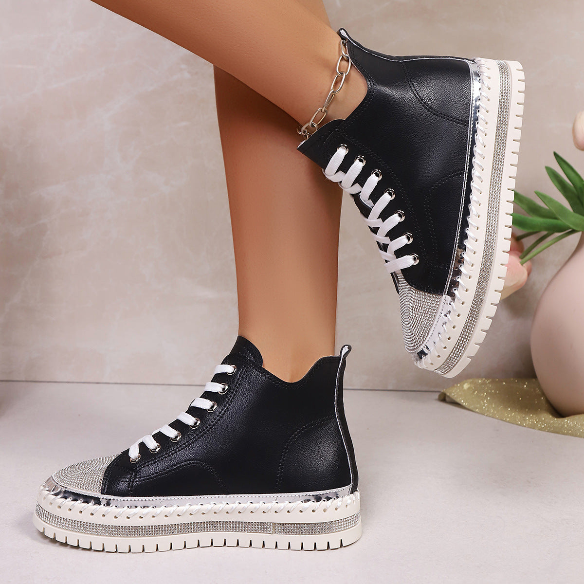Stitch Rhinestone Lace-Up Shoes