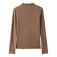 Ribbed Knit Lettuce Trim Long Sleeve Mock Neck Top