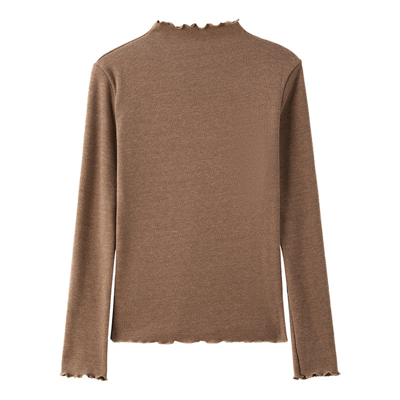 Ribbed Knit Lettuce Trim Long Sleeve Mock Neck Top