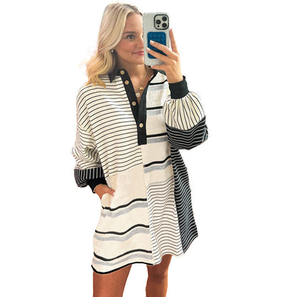 Stripe Knit Henley Collar Shift Mini Dress