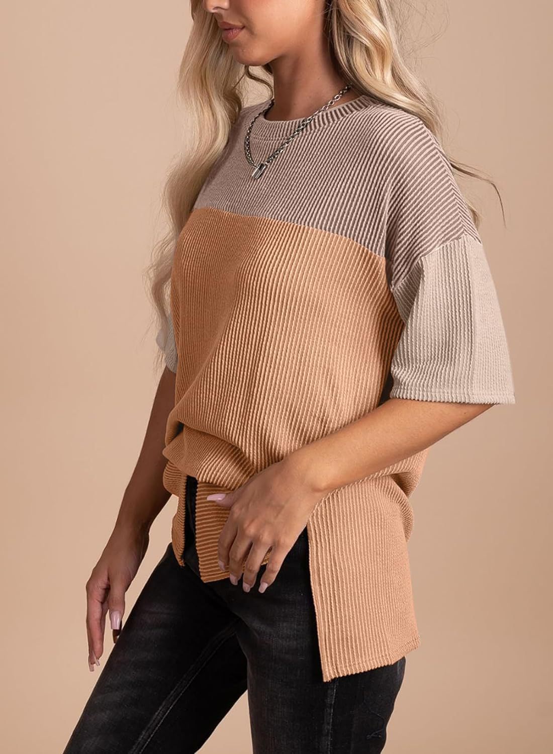 Ribbed Crew Neck Colorblock Top