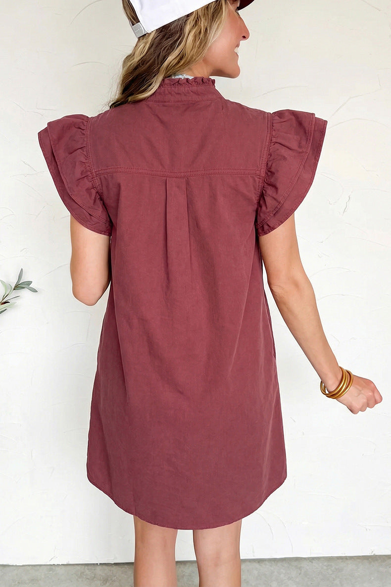 Sandalwood Frilled Detail Button Down Ruffle Short Sleeve Denim Mini Dress