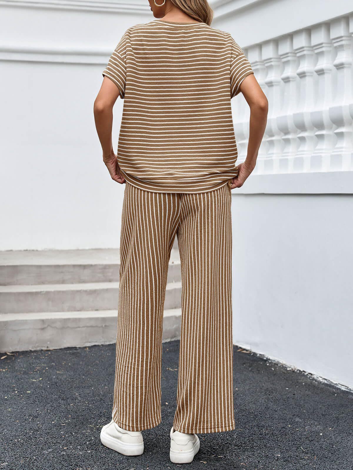 Stripe Round Neck Tee and Pant Set