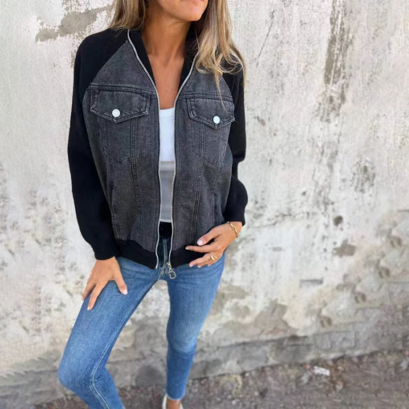 Zip-up Denim Jacket With Fur Sleeve