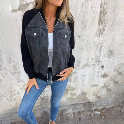 Zip-up Denim Jacket With Fur Sleeve