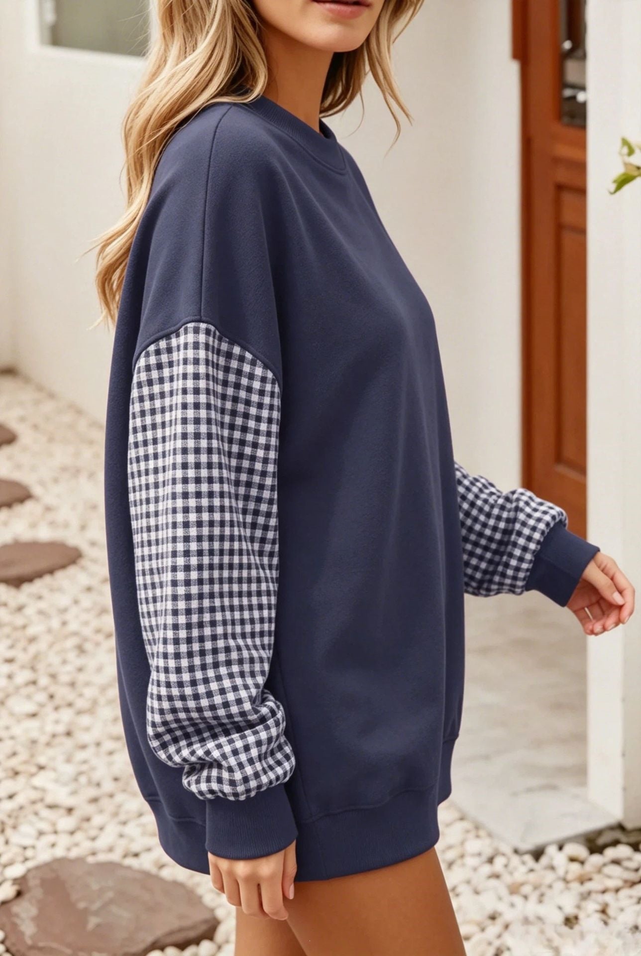 Oversized Gingham Colorblock Long Sleeve Sweatshirt