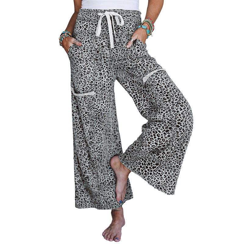 Leopard Print Wide Leg Terry Knit Pants