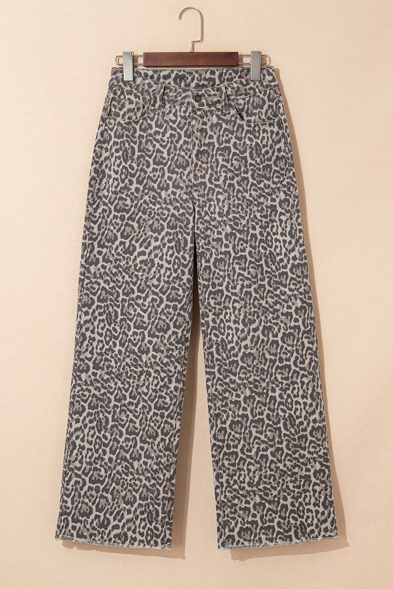 Brown Leopard Frayed Edge Wide Leg High Waist Jeans