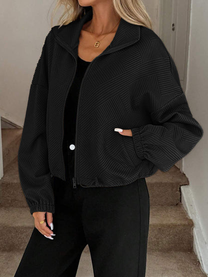 Chic Geometric Textured Zip Up Jacket