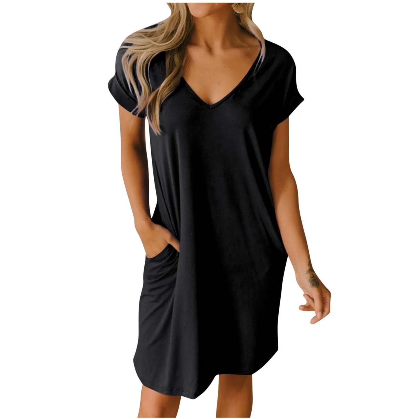 V-neck Short Sleeve Pocket Dress