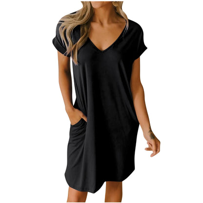 V-neck Short Sleeve Pocket Dress