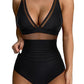 Leopard Mesh Insert V Neck High Waist Monokini