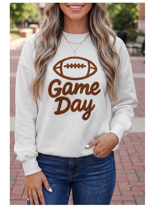 White Embroidered Slogan Game Day Rugby Pattern Crewneck Sweatshirt