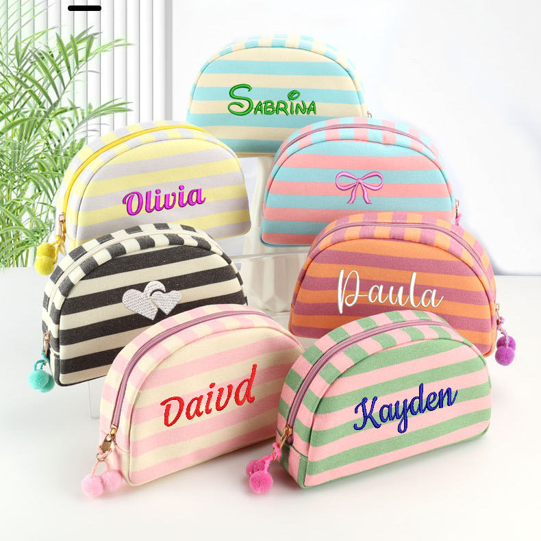 Personalized Embroidered Striped Canvas Toiletry Bag/Makeup Bag