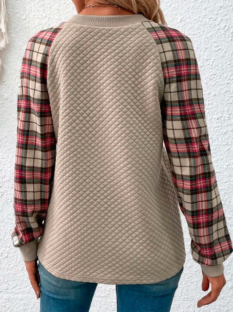 Waffle Paneled Plaid Sweatshirt