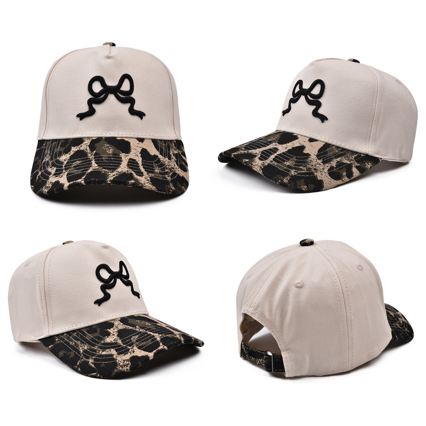 Leopard Print Canvas Hat with Embroidery Bow