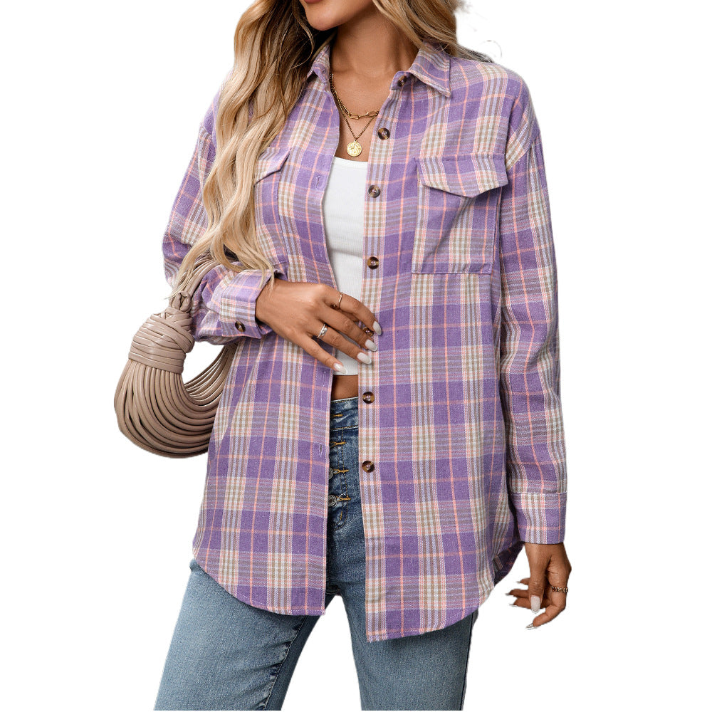 Loose Plaid Pocket Shirt for Women